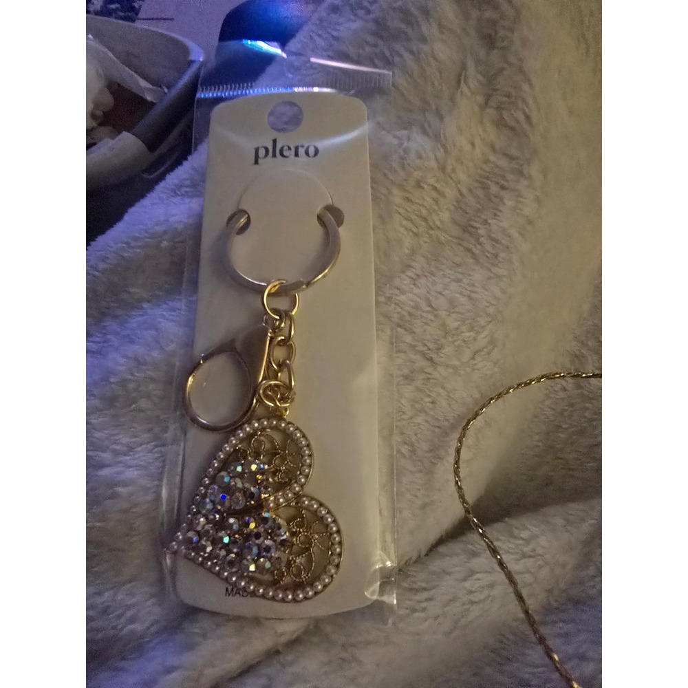 Plero Gold Tone Heart Keychain Rhinestone Faux Pearl Filigree Bag Charm NWT